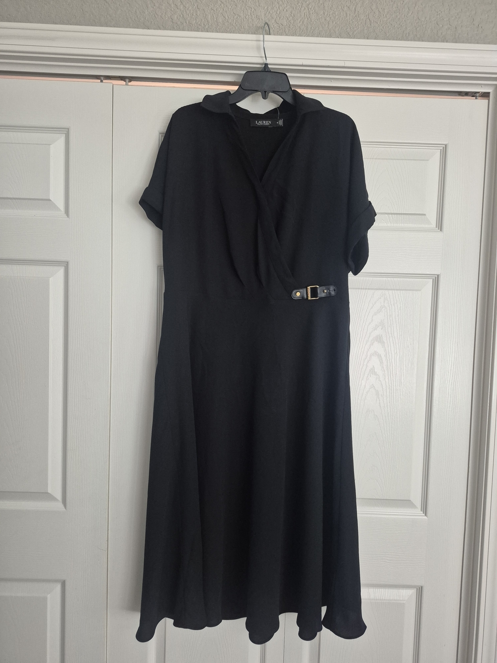 Lauren Ralph Lauren Black Midi Wrap Dress with Waist Buckle